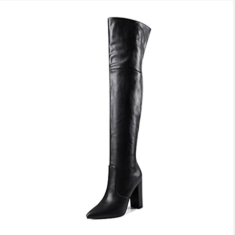 WAYDERNS Women's Winter Pointed Toe Block High Heel Zipper Thigh High Fur Lining Boots 4 Inch