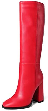 WAYDERNS Women's Solid Microfiber Round Toe Zip Thick Block High Heel Knee High Boots 4 Inch