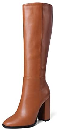 WAYDERNS Women's Solid Microfiber Round Toe Zip Thick Block High Heel Knee High Boots 4 Inch