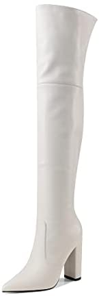 WAYDERNS Women's Winter Pointed Toe Block High Heel Zipper Thigh High Fur Lining Boots 4 Inch