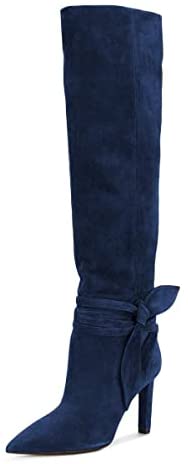 FSJ Women Elegant Pointed Closed Toe Knee High Long Boots Pull On Mid Heels Booties Faux Suede Dress Shoe With Bows Size 4-15 US