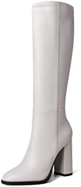 WAYDERNS Women's Solid Microfiber Round Toe Zip Thick Block High Heel Knee High Boots 4 Inch
