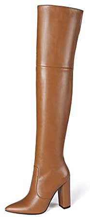 WAYDERNS Women's Winter Pointed Toe Block High Heel Zipper Thigh High Fur Lining Boots 4 Inch