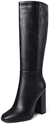 WAYDERNS Women's Solid Microfiber Round Toe Zip Thick Block High Heel Knee High Boots 4 Inch