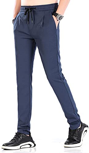 Plaid&Plain Men’s Linen Like Seersucker Pants Slim Fit Beach Pants with Drawstring