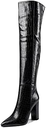WAYDERNS Women's Leather Pointed Toe Crocodile Zip Animal Print Block High Heel Above The Knee Boots 4 Inch