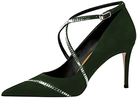 FSJ Women's Pointed Toe High Heels Pumps Crisscross Strappy Crystal Rhinestones Pumps Ladies Ankle Buckle Strap Dress Party Shoes Size 4-15 US