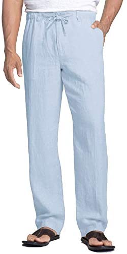 Men's Linen Pants Casual Elastic Waist Drawstring Beach Trousers