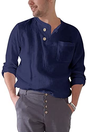 Men's Long Sleeve Cotton Linen Blend Henley Shirt Lightweight Solid Breathable Casual Shirts Tops