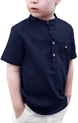 Kids Boys Linen Short Sleeve Henley Shirt Toddler Cotton Button Down Summer Tops Fashion Cool T-Shirts
