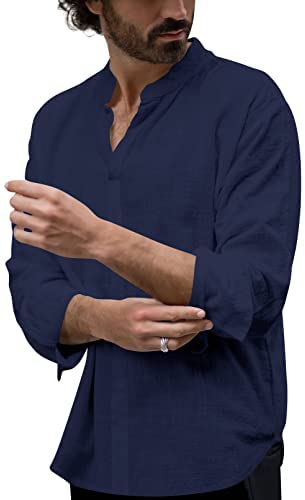 Mens Linen Cotton Casual Henley Shirts Long Sleeve Basic Lightweight Shirt Beach Fishing Yoga Tops
