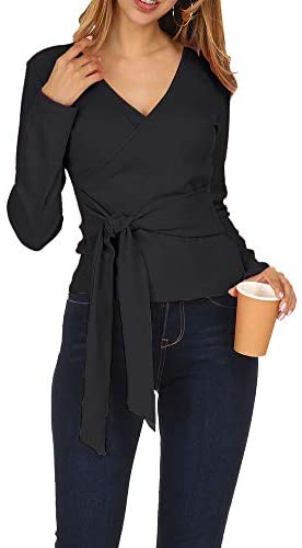 Zumla Women Tops Long Sleeve Casual Fall Sexy Wrap V Neck Blouse for Work Tie Front