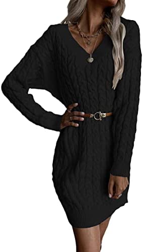 Dyexces Womens Cable Knit Sweater Dress Long Sleeve V Neck Mini Knit Dresses Without Belt Loose Casual Sweaters