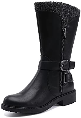 EETTARO Women's Mid Calf Boots Wide Width Fur-Lined Fashion Winter Booties Ladies Roung Toe Side Zip Snow Boot