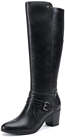 EETTARO Women's Block Mid Heel Boots Knee High Winter Booties Fashion Pointed Toe Elastic Buckle Boot