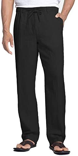 Men's Linen Pants Casual Elastic Waist Drawstring Beach Trousers