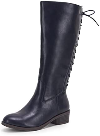 Womens Lace Up Knee High Boots Side Zipper Closed Pointed Boots Zippered Chunky Stacked Mid Heel Shoes