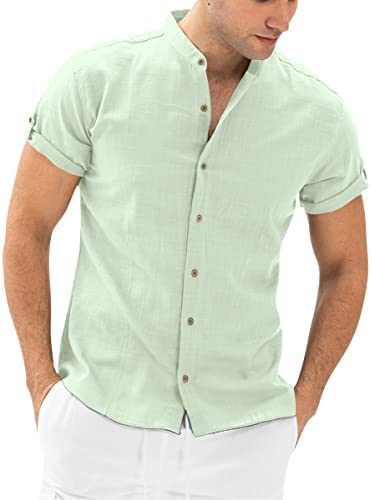 Men's Casual Button Down Collarless Shirt Solid Short Sleeve Cotton Linen Lightweight Breathable Tops Shirts