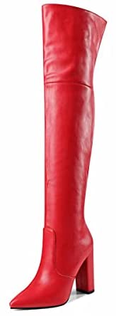 WAYDERNS Women's Winter Pointed Toe Block High Heel Zipper Thigh High Fur Lining Boots 4 Inch