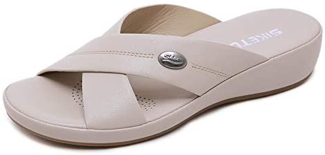 Women's Wedge Sandals Comfortable Soft Leather Platform Shoes Summer Outdoor Open Toe Cross-Strap Slide Sandal