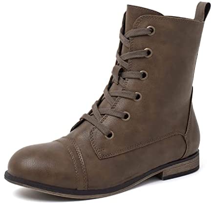 Katliu Women's Combat Boots Lace up Military Ankle Boots Side Zipper Round Toe Booties
