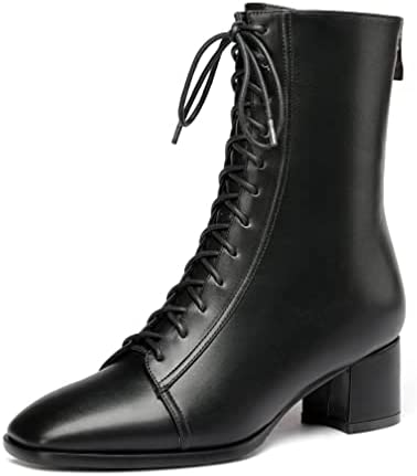 WAYDERNS Women's Square Toe Lace Up Matte Zipper Chunky Low Heel Ankle High Boots Short Booties 2 Inch