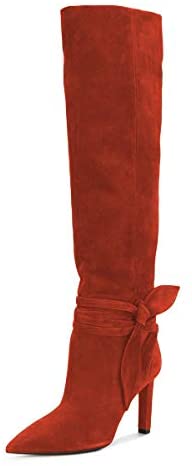 FSJ Women Elegant Pointed Closed Toe Knee High Long Boots Pull On Mid Heels Booties Faux Suede Dress Shoe With Bows Size 4-15 US