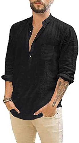 Men's Long Sleeve Henley Shirt Cotton Linen Loose Casual Hippie Tee Lightweight Summer Solid Beach Yoga Tops