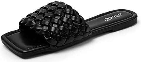 Women's Square Open Toe Flat Sandals Slip On Slide Sandals Woven Strap Flat Sandals