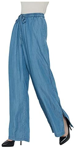 Womens Tencel Wide Leg Pants with Hem Slit and Drawstring