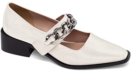 Ruanyu Womens Chunky Block Heel Loafers Square Closed Toe Pumps Single Band Comfortable Shoes with Metal Chain