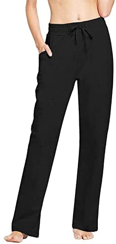 Womens Cotton Sweatpants Workout Yoga Straight Leg Leggings Lightweight Loose Fit Pajama Pants with Pockets