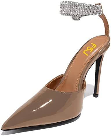 FSJ Women Sexy Pointed Toe D'Orsay Stiletto High Heel Pumps Sparkly Rhinestone Ankle Strap Buckled Sandals Prom Party Dress Shoes Size 4-15 US