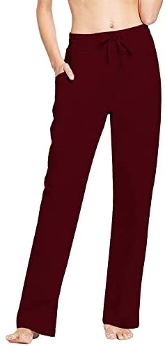 Womens Cotton Sweatpants Workout Yoga Straight Leg Leggings Lightweight Loose Fit Pajama Pants with Pockets