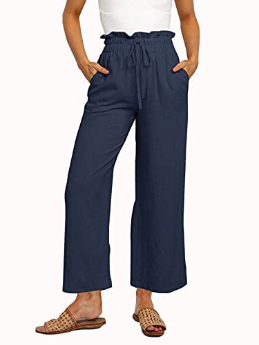 Womens Linen Pants High Waisted Wide Leg Drawstring Casual Loose Trousers with Pockets