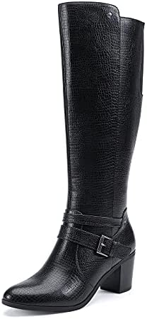 EETTARO Women's Block Mid Heel Boots Knee High Winter Booties Fashion Pointed Toe Elastic Buckle Boot