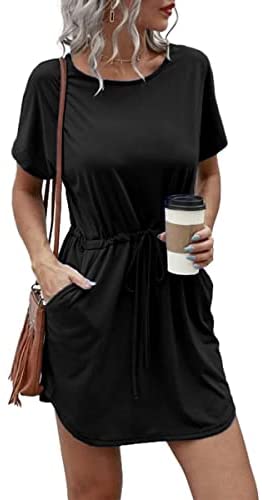 Dyexces Womens Dresses Tshirts Dress Summer Dresses Tunic Short Sleeve Crewneck Midi Dress with Pockets