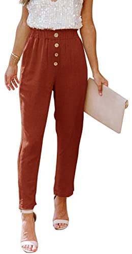 Womens Casual Loose Pants Comfy Cropped Work Pants with Pockets Elastic High Waist Paper Bag Pants