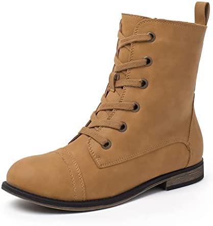 Katliu Women's Combat Boots Lace up Military Ankle Boots Side Zipper Round Toe Booties