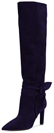 FSJ Women Elegant Pointed Closed Toe Knee High Long Boots Pull On Mid Heels Booties Faux Suede Dress Shoe With Bows Size 4-15 US