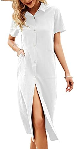 Women's Lapel Short Sleeve Summer Dress Solid Button Cardigan T-Shirts Casual Midi Dresses with Pocket