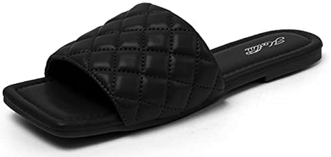 Women's Square Open Toe Flat Sandals Slip On Slide Sandals Woven Strap Flat Sandals