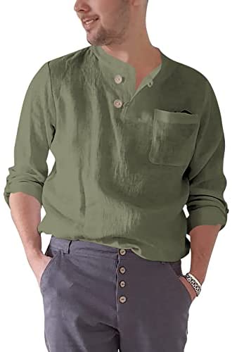 Men's Long Sleeve Cotton Linen Blend Henley Shirt Lightweight Solid Breathable Casual Shirts Tops