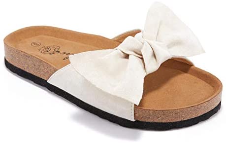 Ruanyu Womens Flat Slide Sandals Open Toe Bowknot Espadrille Slip On Comfortable Cork Sandals