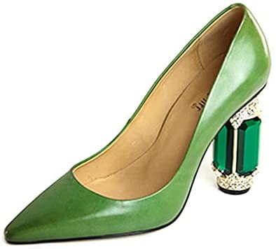 FSJ Women Leather Crystal Chunky High Heel Pumps Pointed Toe Slip on Wedding Parrty Dress Shoes Size 4-12 US