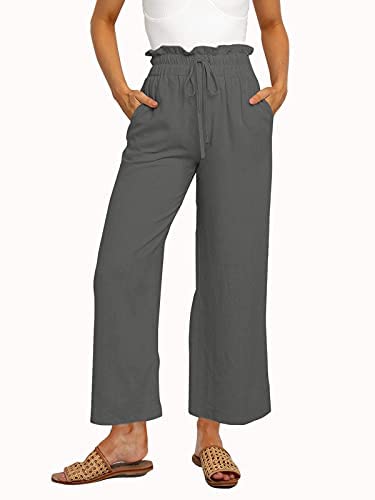 Womens Linen Pants High Waisted Wide Leg Drawstring Casual Loose Trousers with Pockets