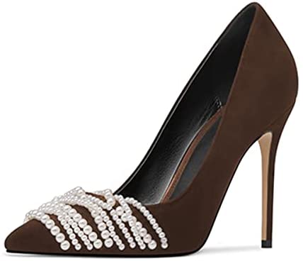 FSJ Women's White Pearl Strings Pointed Toe High Heel Pumps Stiletto Slip On Faux Suede Elegant Ladies Comfy Wedding Dress Party Shoes Size 4-15 US