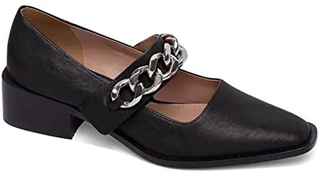 Ruanyu Womens Chunky Block Heel Loafers Square Closed Toe Pumps Single Band Comfortable Shoes with Metal Chain