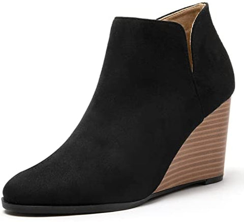 Katliu Women's Wedge Heel Booties Peep Toe Ankle Boots Side Zipper Suede Ankle Boots