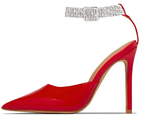 FSJ Women Sexy Pointed Toe D'Orsay Stiletto High Heel Pumps Sparkly Rhinestone Ankle Strap Buckled Sandals Prom Party Dress Shoes Size 4-15 US